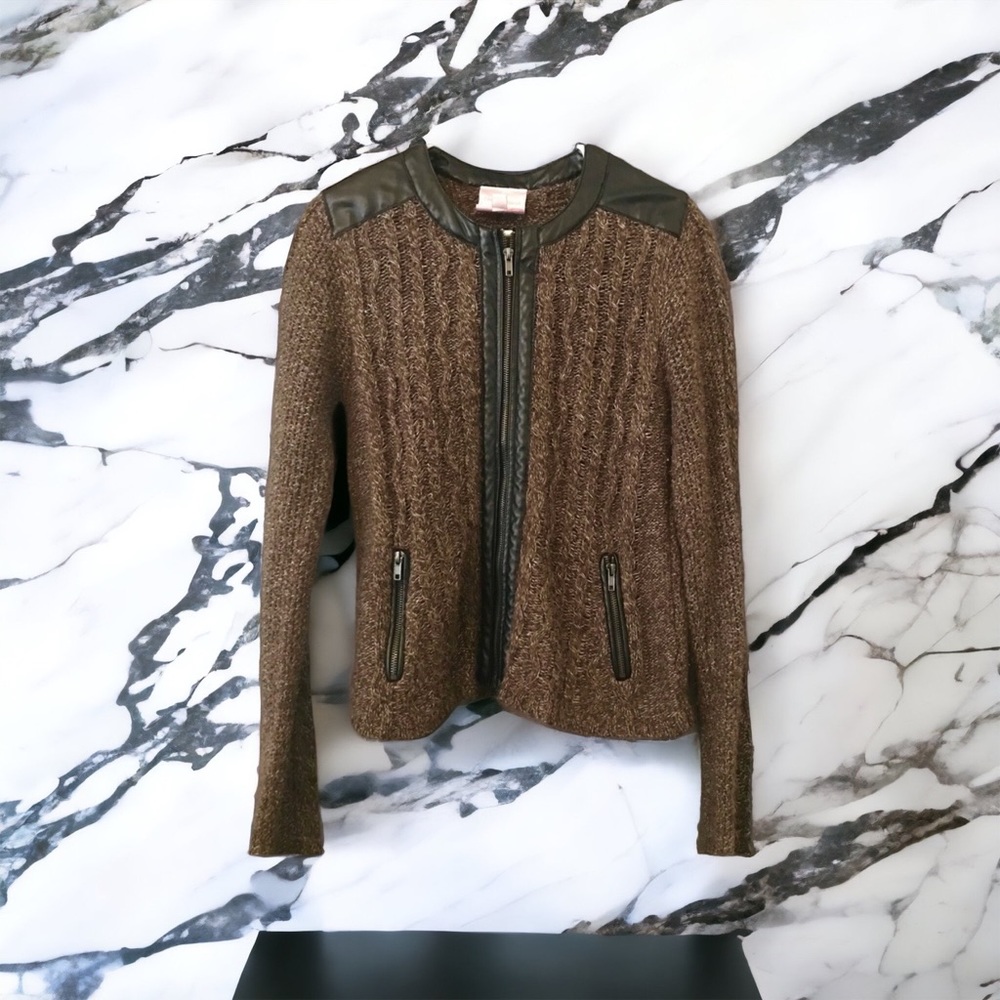 Woven zip cardigan sweater